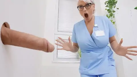 The platinum-blonde nurse watches a huge rod at the glory fuckhole
