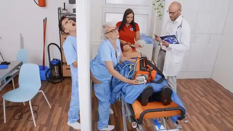 The ash-platinum-blonde nurse observes a giant jizm-shotgun at the glory fuck-hole