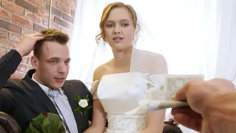 Huge-titted bride moans in climax by large pipe for money