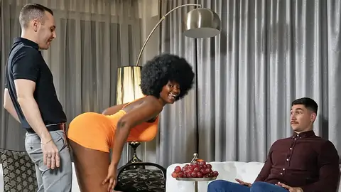 Ebony bombshell on her knees gives hubby's boss a dt