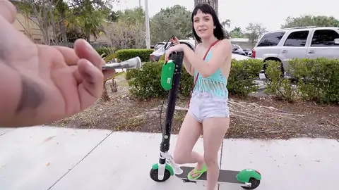 Super-cute teen is showing her lil' milk cans to the driver