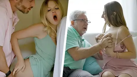 Step grandpa and step-dad porks teens with hair pulling