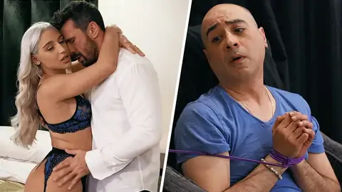 Guy with strapped hands is attempting to penetrate a platinum-platinum-ash-blonde female