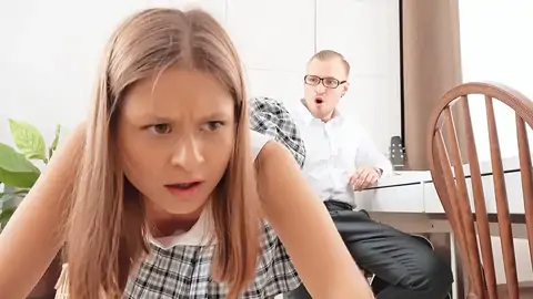Astonished student in mini-micro-skirt give hand-job her tutor